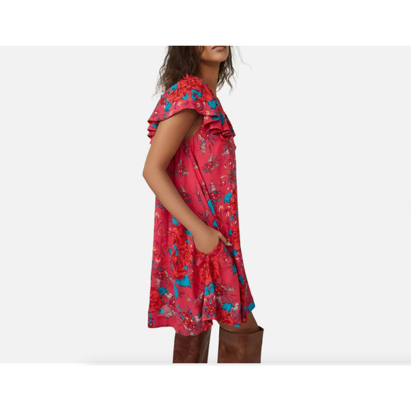 NWT Free People Yara Floral Mini Dress Rose Flowy Flutter Sleeves Pocket M - Picture 3 of 12